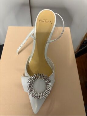 Alexandre Birman White Pointed-Toe Slingback with Crystal Buckle Wedding Prom